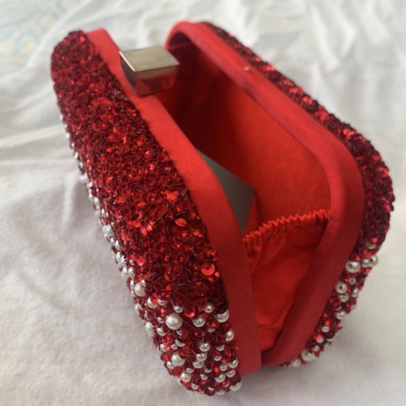 Santi Red Sequin Imitation Pearl Satin Clutch - Picture 5 of 7